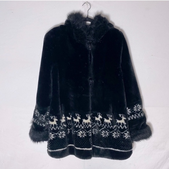 Alia Black Faux Fur Coat With Hood And Winter Themed Trim M - Picture 16 of 16